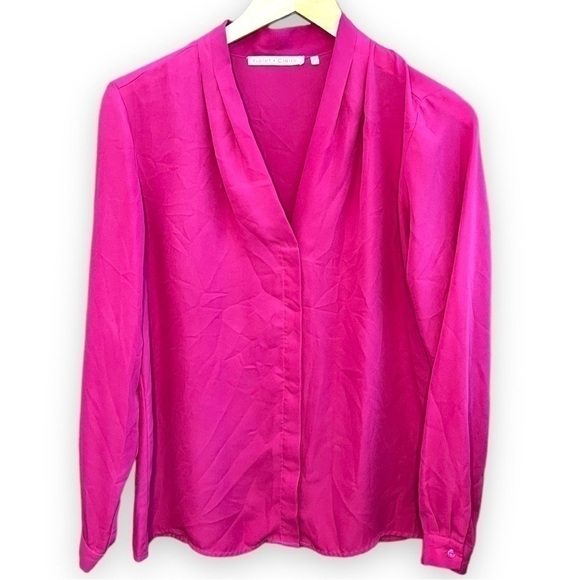Violet and Claie Magenta Pleated Button Up V-Neck Blouse, Size Medium - Picture 2 of 5